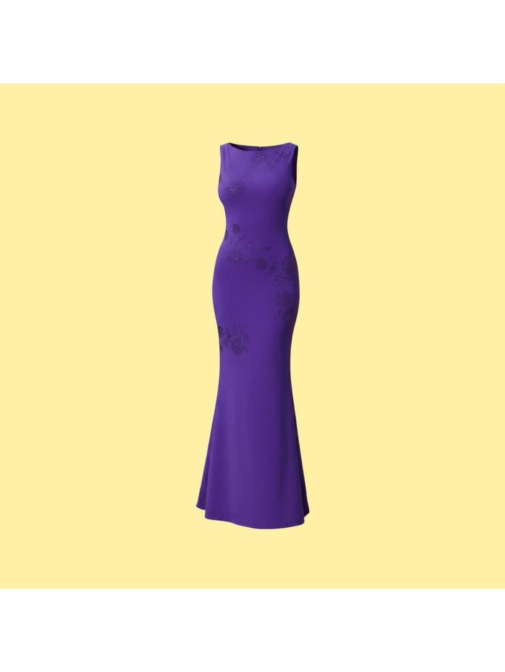 Elegant Embellished Purple Sleeveless Evening Gown with Open Back